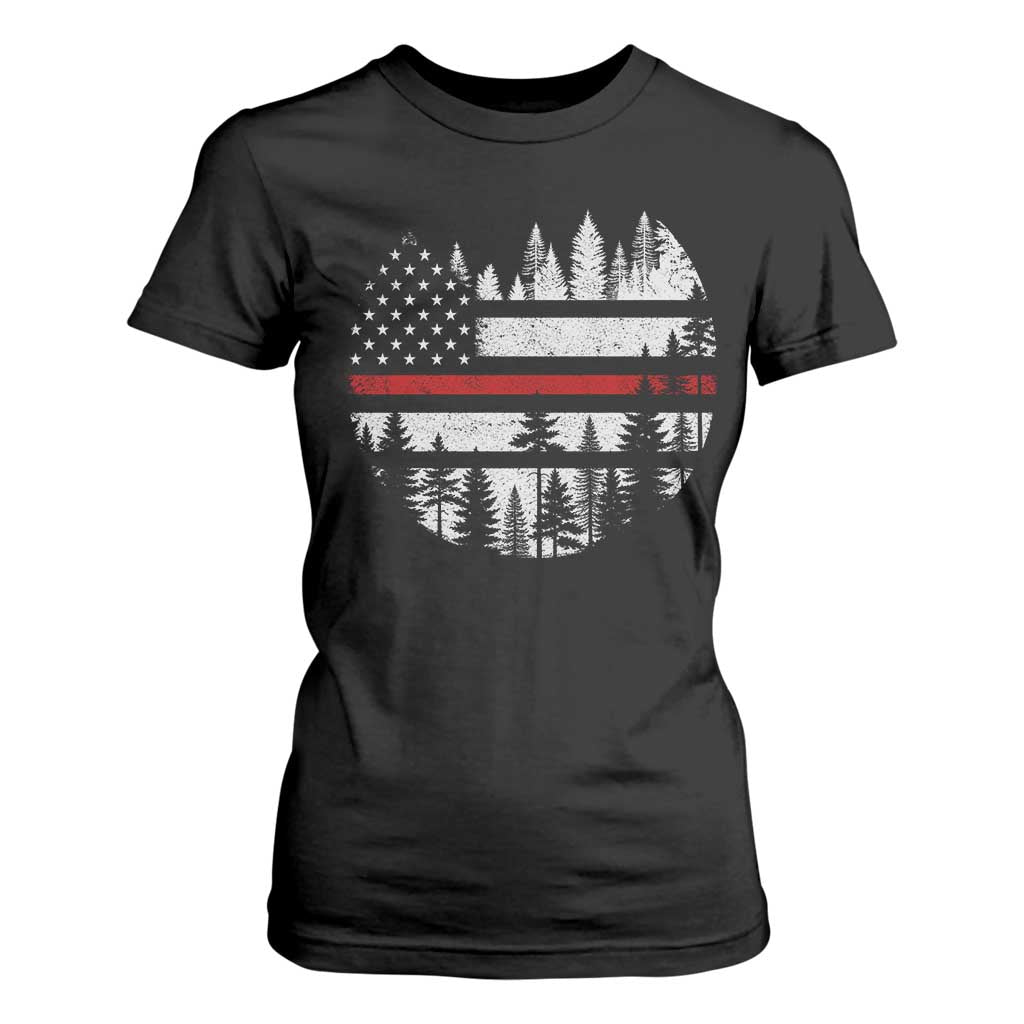 Wildland Firefighter Forest Red Line American Flag T Shirt For Women