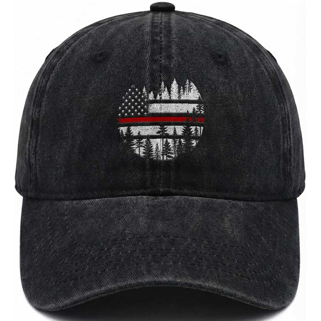 Wildland Firefighter Forest Red Line American Flag Washed Cotton Baseball Cap