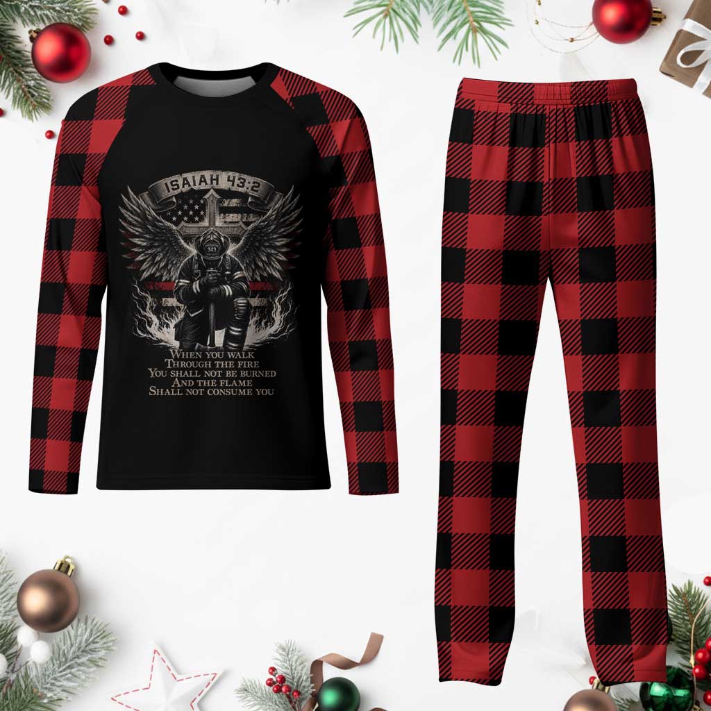 Christian Firefighter Plaid Pajama Set When You Walk Through The Fire You Shall Not Be Burned American Flag