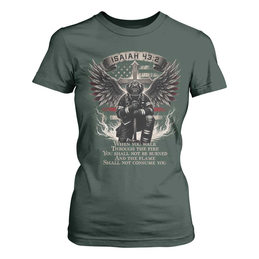 Christian Firefighter T Shirt For Women When You Walk Through The Fire You Shall Not Be Burned American Flag