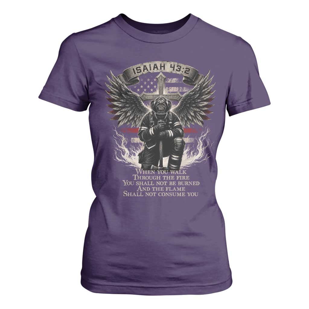 Christian Firefighter T Shirt For Women When You Walk Through The Fire You Shall Not Be Burned American Flag