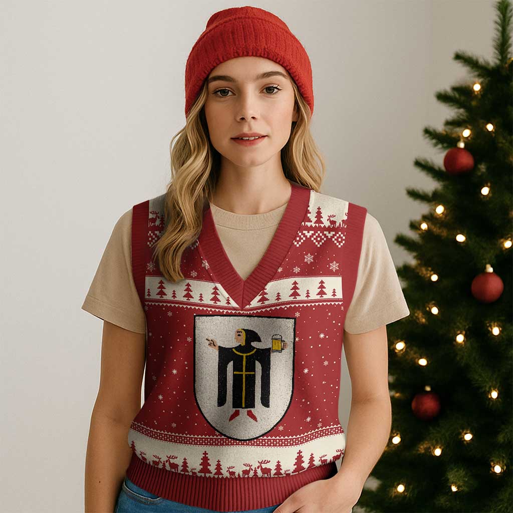 Funny Munich Oktoberfest Munchen Coat of Arms V-Neck Knit Sweater Vest Münchner Kindl Beer Drinking
