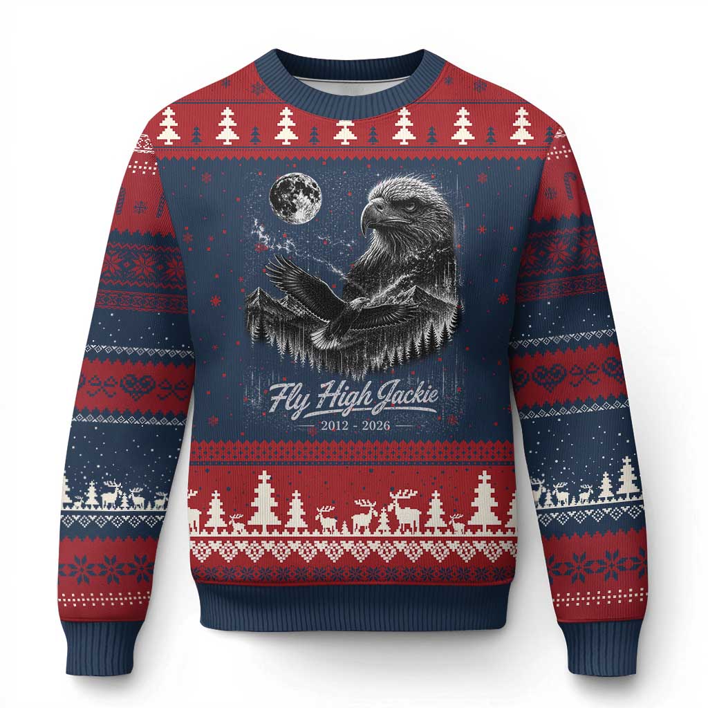 Fly High Jackie Eagle Ugly Christmas Sweater Memorial Tribute Nature Supports California Wildlife TS11 Navy Red Print Your Wear