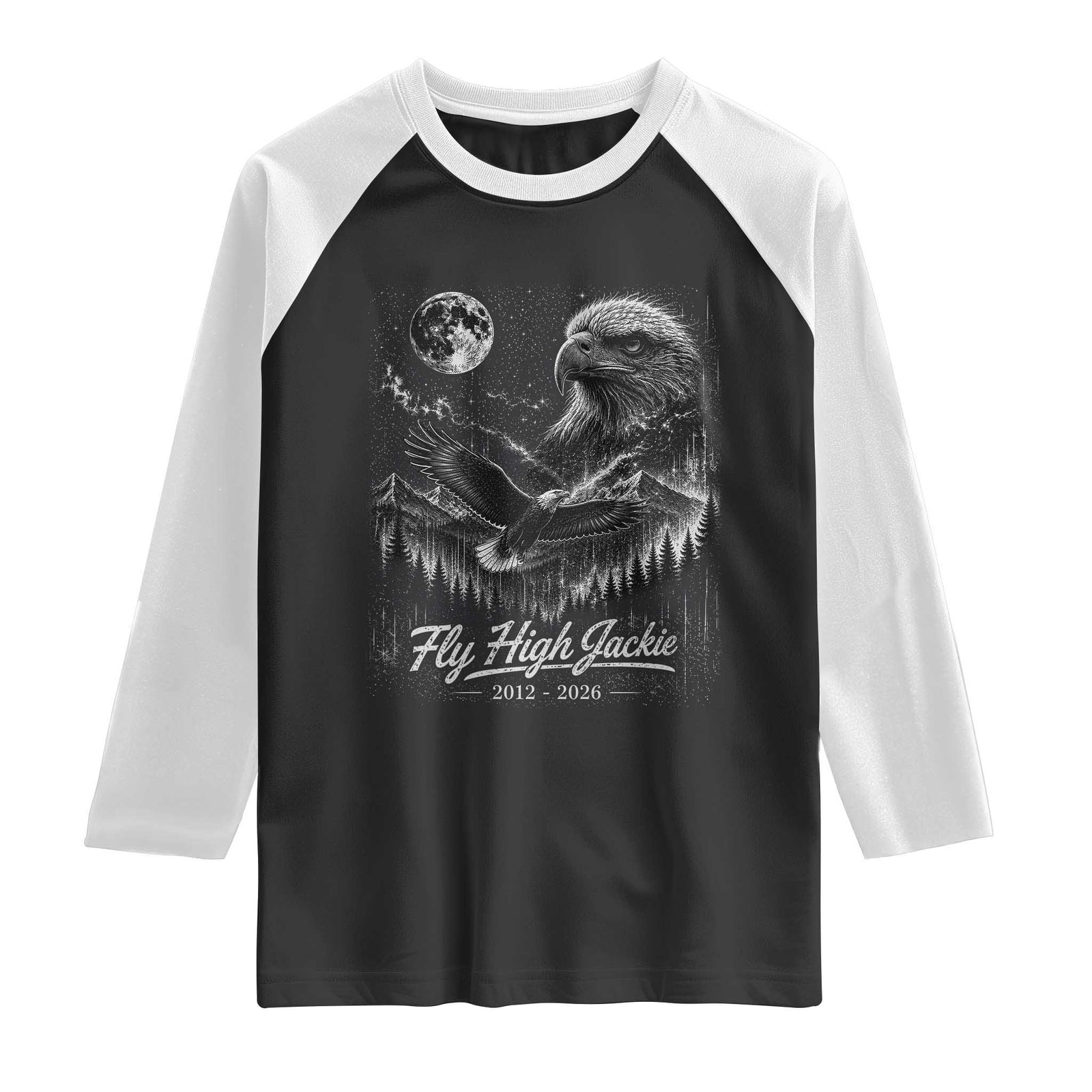 Fly High Jackie Eagle Raglan Shirt Memorial Tribute Nature Supports California Wildlife TS11 Black White Print Your Wear