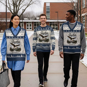 Jackie Bald Eagle Memorial Tribute V-Neck Knit Sweater Vest Forever Flying High Big Bear California 2012 2026 TS11 Beige Navy Print Your Wear