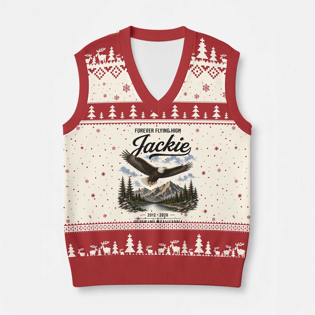 Jackie Bald Eagle Memorial Tribute V-Neck Knit Sweater Vest Forever Flying High Big Bear California 2012 2026 TS11 Beige Red Print Your Wear