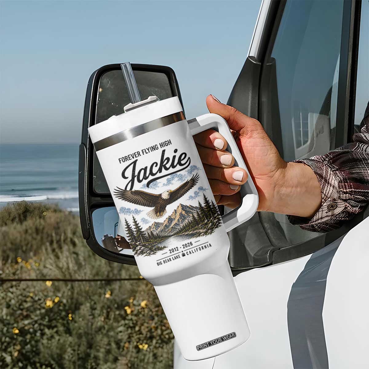 Jackie Bald Eagle Memorial Tribute Tumbler With Handle Forever Flying High Big Bear California 2012 2026 TS11 Print Your Wear