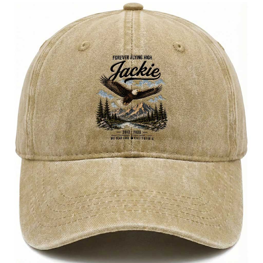 Jackie Bald Eagle Memorial Tribute Washed Cotton Baseball Cap Forever Flying High Big Bear California 2012 2026 TS11 Print Your Wear