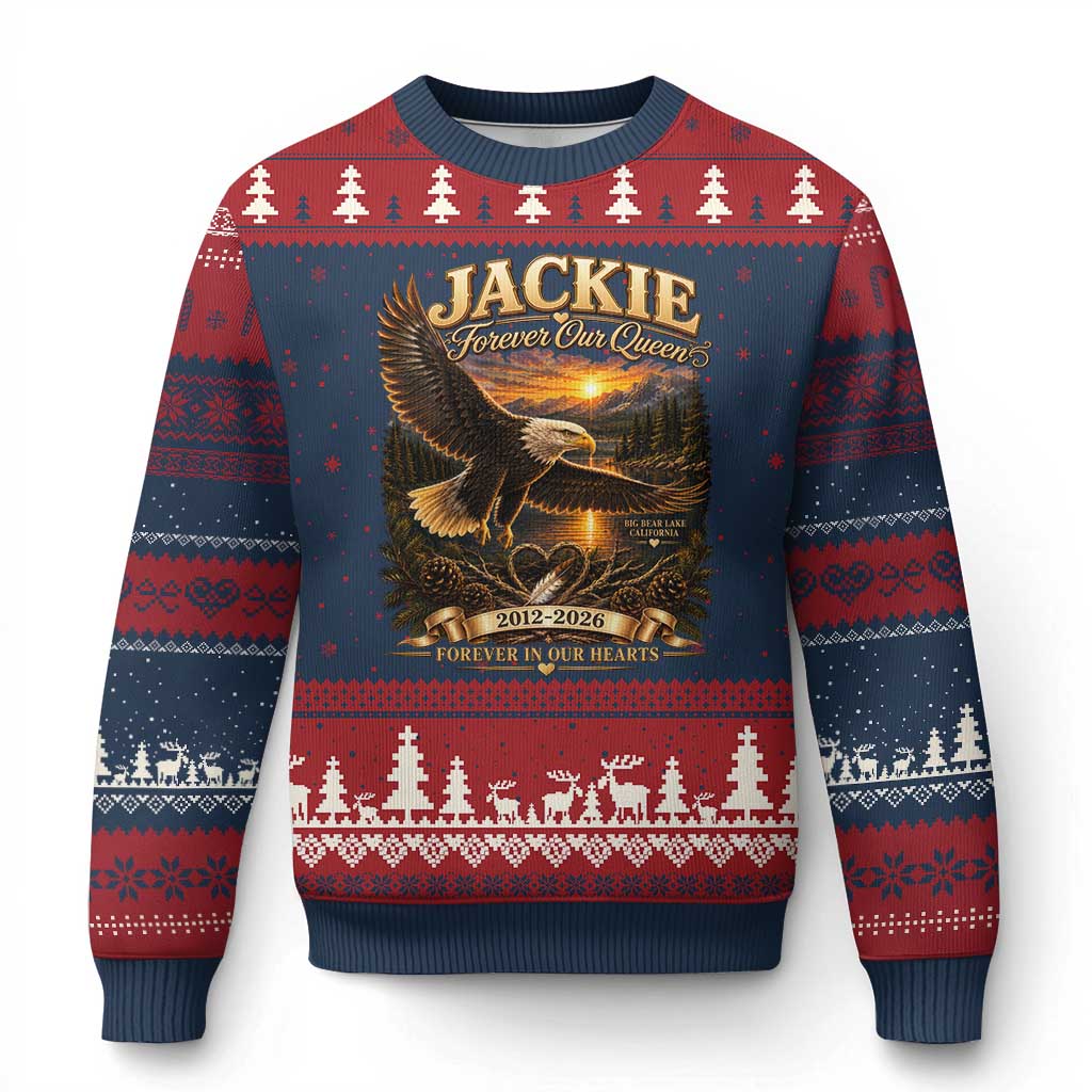 Jackie The Eagle Big Bear Lake California Ugly Christmas Sweater Forever Our Queen And In Our Hearts Wildlife Supports TS11 Navy Red Print Your Wear