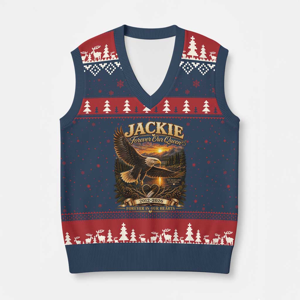 Jackie The Eagle Big Bear Lake California V-Neck Knit Sweater Vest Forever Our Queen And In Our Hearts Wildlife Supports TS11 Navy Red Print Your Wear