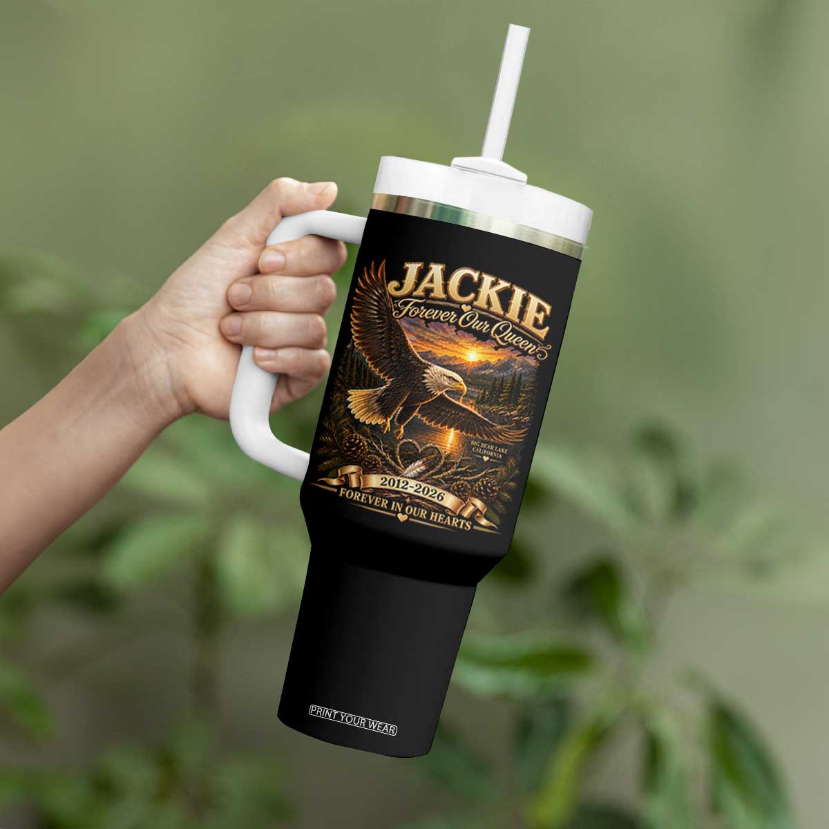Jackie The Eagle Big Bear Lake California Tumbler With Handle Forever Our Queen And In Our Hearts Wildlife Supports TS11 Print Your Wear