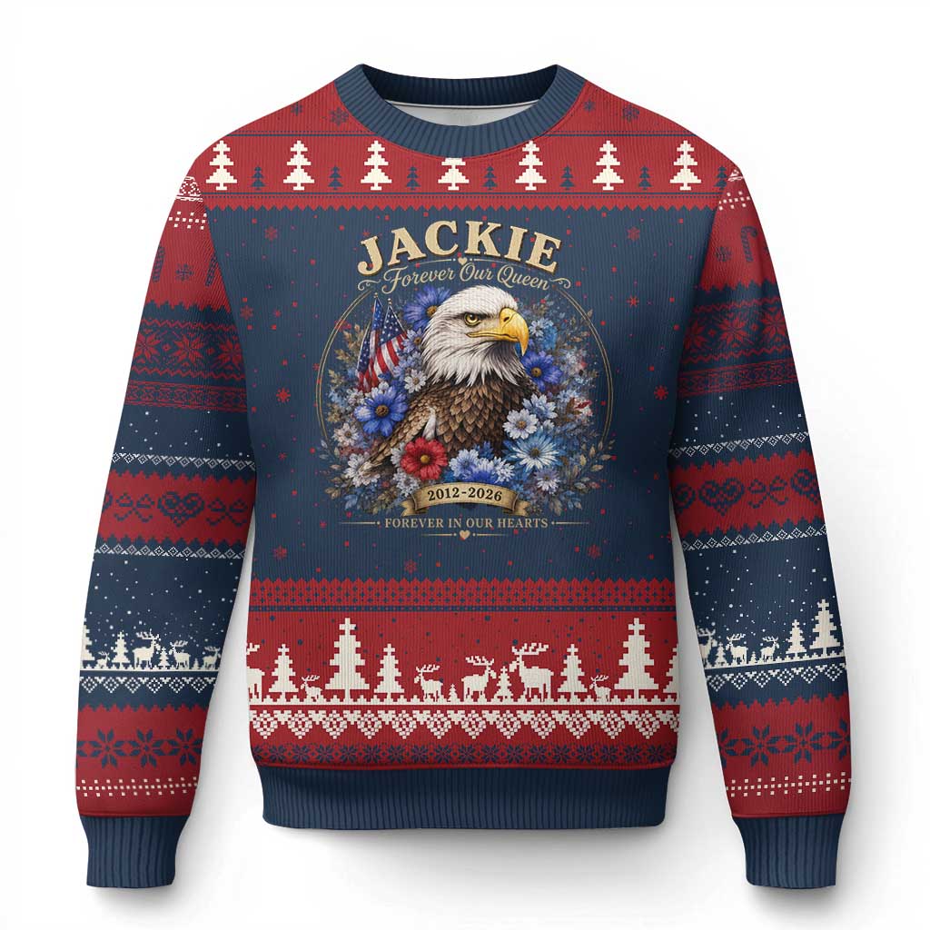 Jackie Bald Eagle Ugly Christmas Sweater Forever Our Queen And In Our Hearts USA Floral TS11 Navy Red Print Your Wear