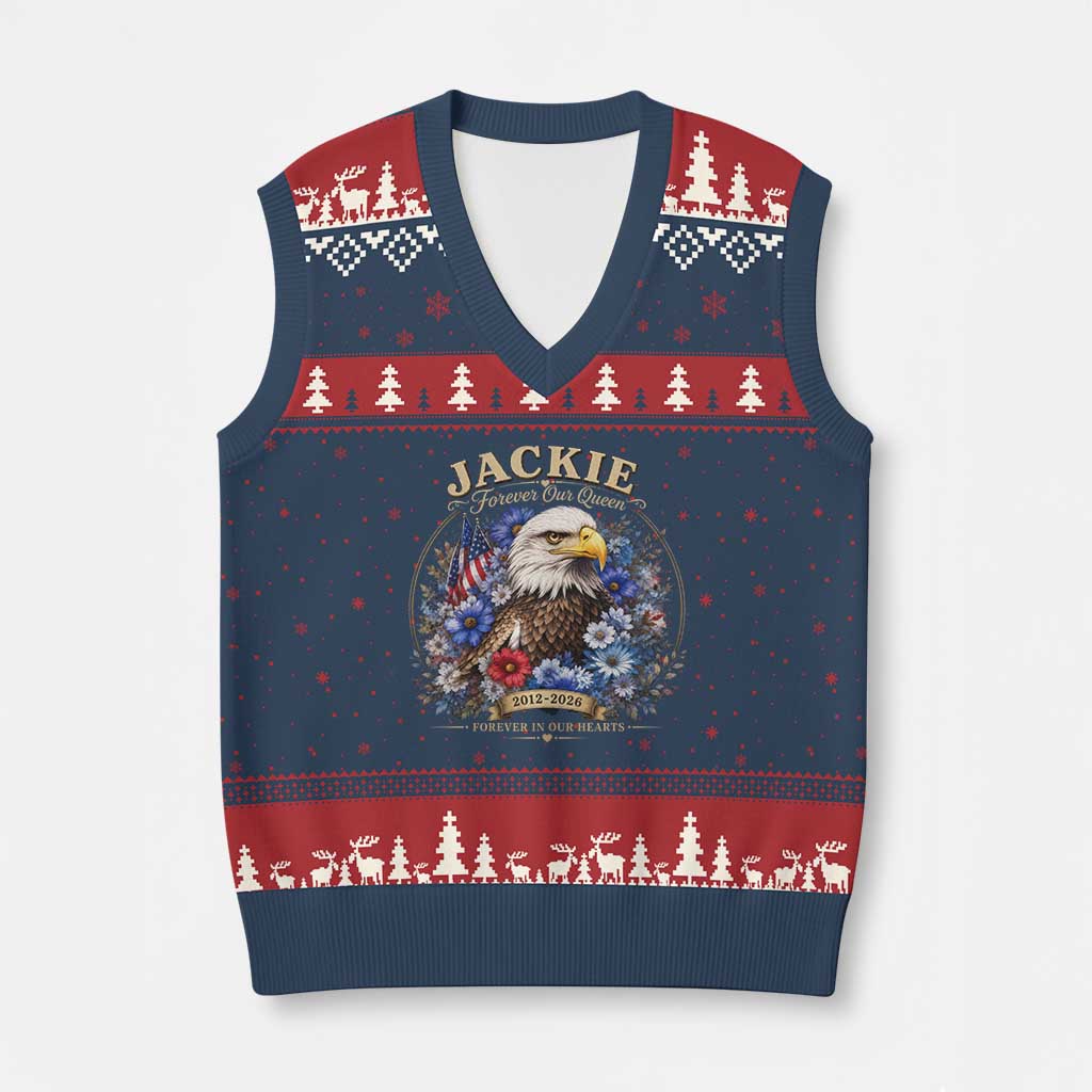 Jackie Bald Eagle V-Neck Knit Sweater Vest Forever Our Queen And In Our Hearts USA Floral TS11 Navy Red Print Your Wear