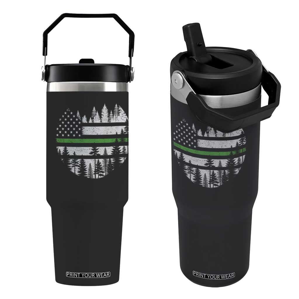 Park Ranger Law Enforcement Forest Green Line American Flag Flip Straw Tumbler