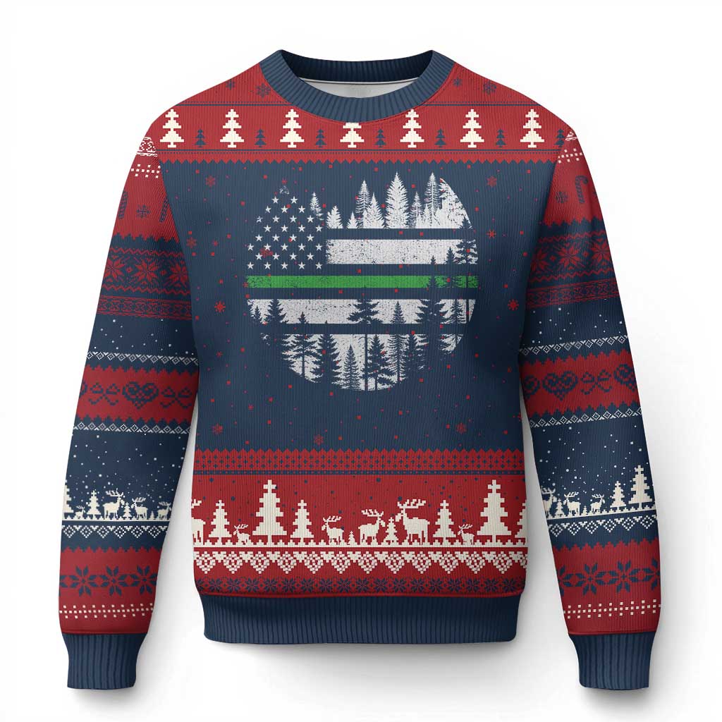 Park Ranger Law Enforcement Forest Green Line American Flag Ugly Christmas Sweater