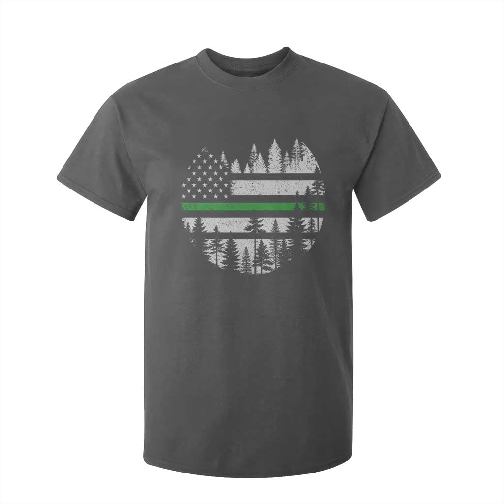 Park Ranger Law Enforcement Forest Green Line American Flag T Shirt For Kid