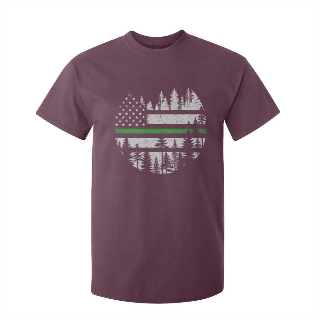 Park Ranger Law Enforcement Forest Green Line American Flag T Shirt For Kid