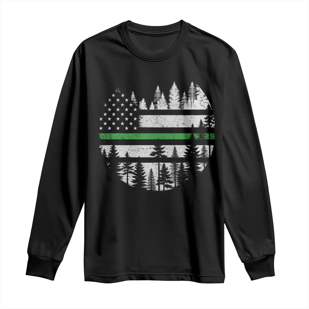 Park Ranger Law Enforcement Forest Green Line American Flag Long Sleeve Shirt