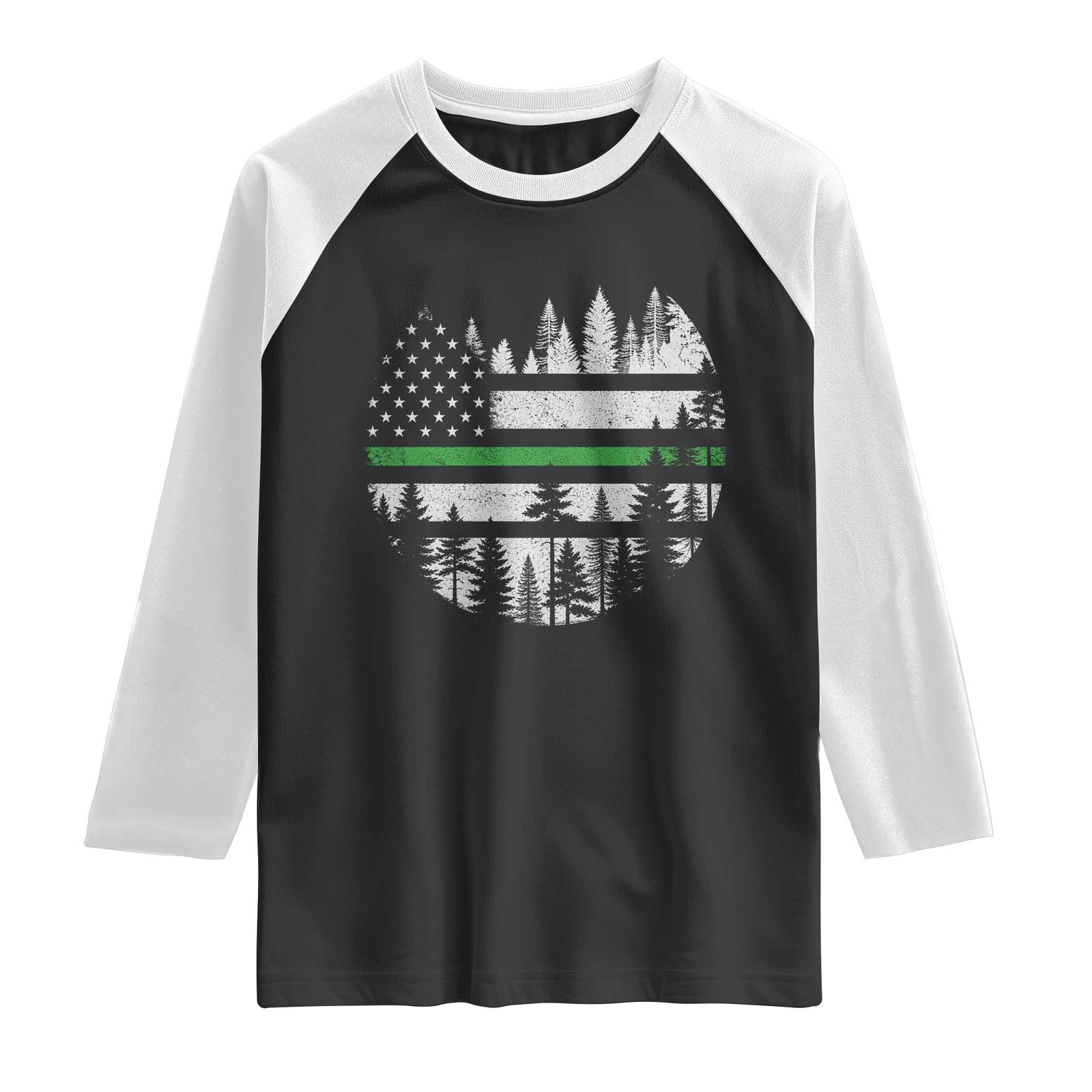 Park Ranger Law Enforcement Forest Green Line American Flag Raglan Shirt