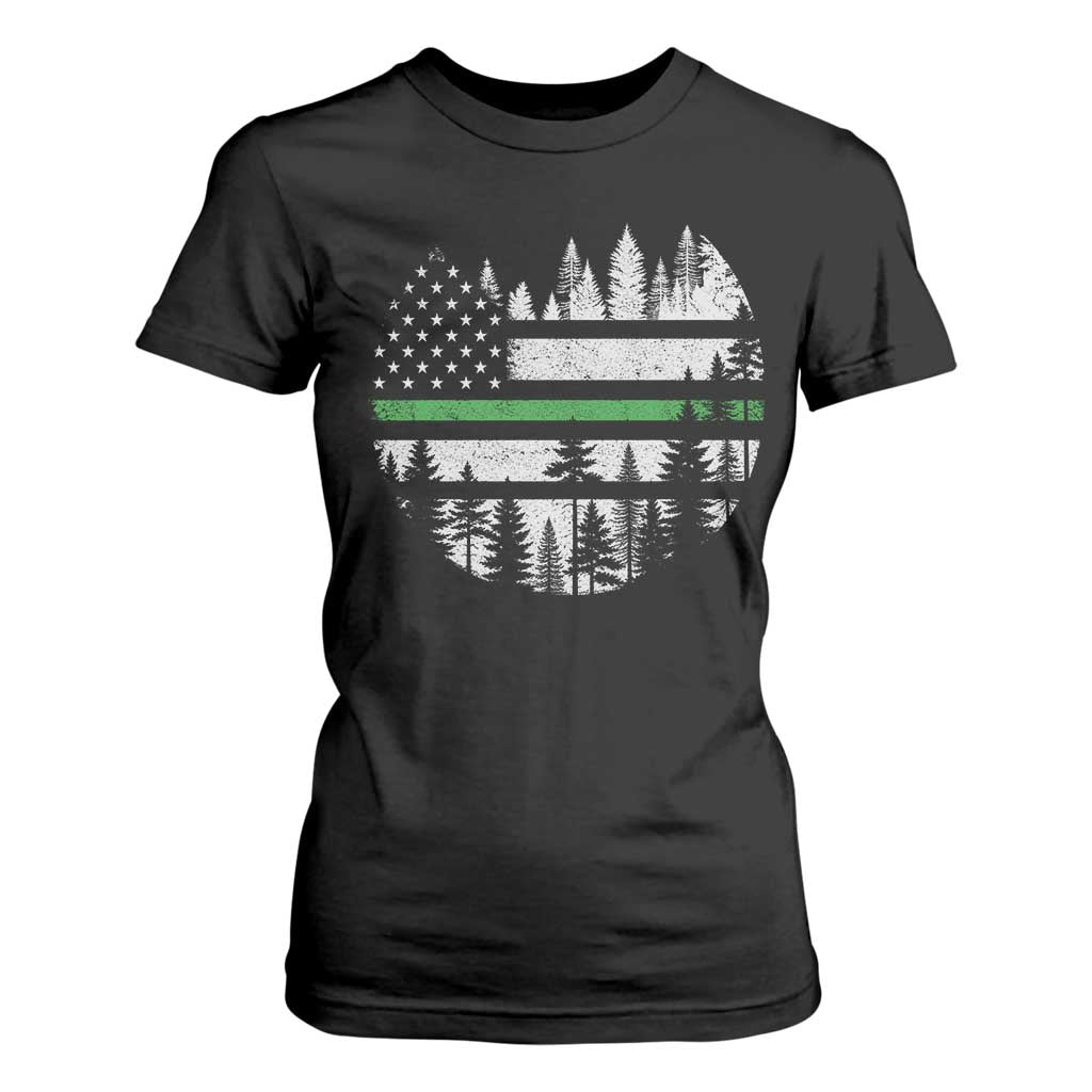 Park Ranger Law Enforcement Forest Green Line American Flag T Shirt For Women