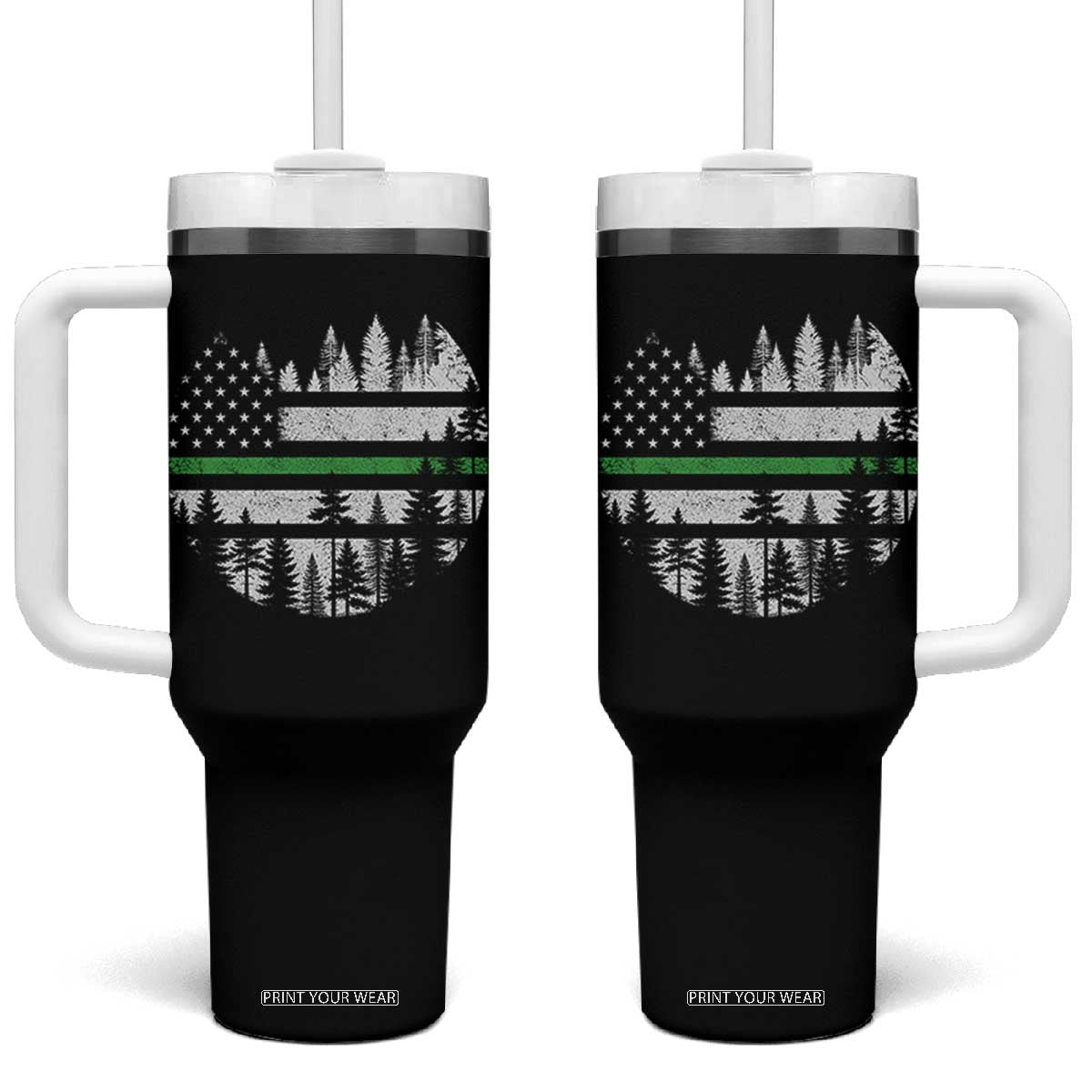Park Ranger Law Enforcement Forest Green Line American Flag Tumbler With Handle