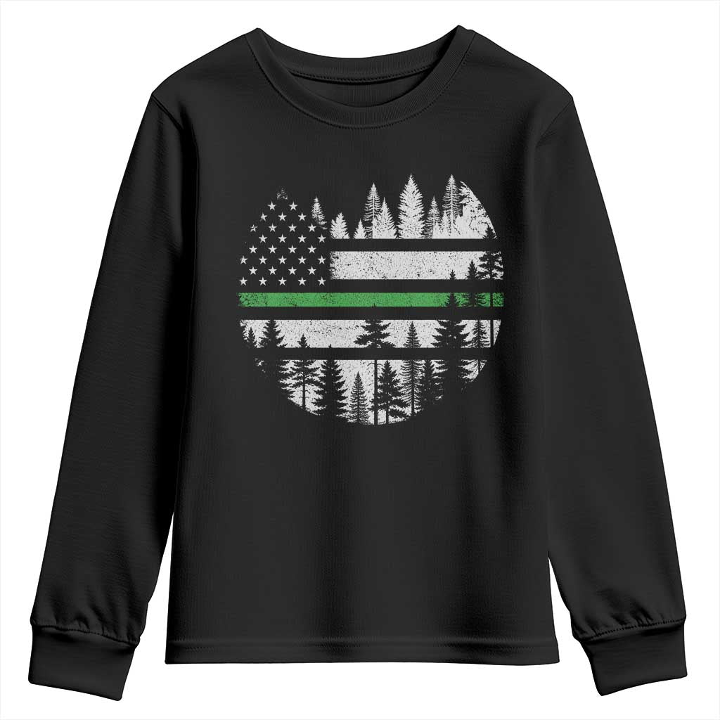 Park Ranger Law Enforcement Forest Green Line American Flag Youth Sweatshirt