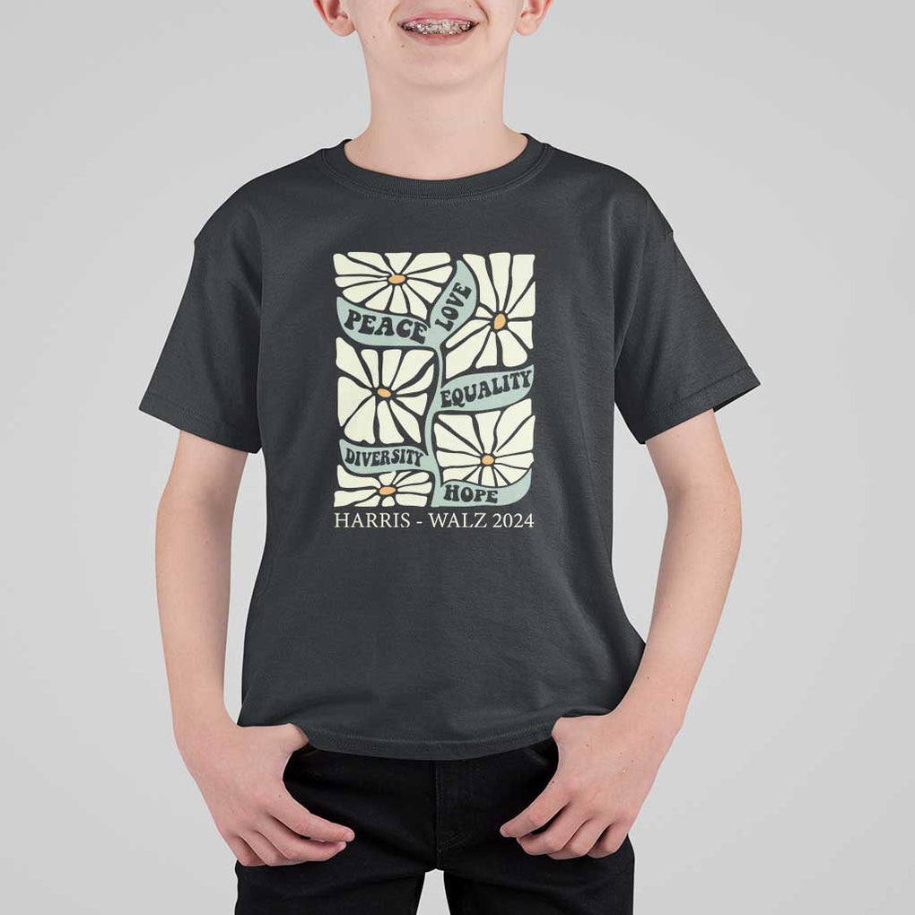 Harris Walz 2024 T Shirt For Kid Peace Love Equality Diversity Hope Hand Drawn Flower TS11 Black Print Your Wear