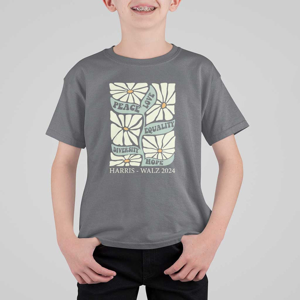 Harris Walz 2024 T Shirt For Kid Peace Love Equality Diversity Hope Hand Drawn Flower TS11 Charcoal Print Your Wear