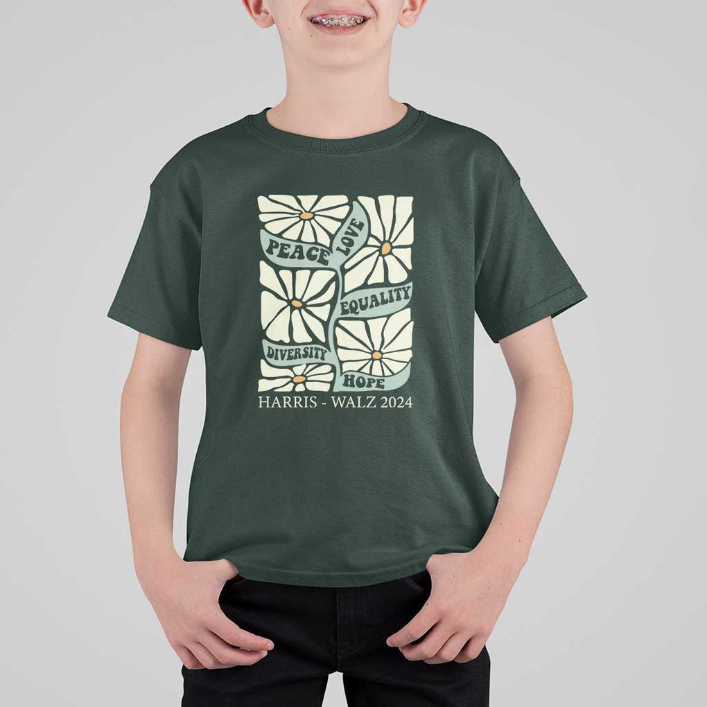 Harris Walz 2024 T Shirt For Kid Peace Love Equality Diversity Hope Hand Drawn Flower TS11 Dark Forest Green Print Your Wear