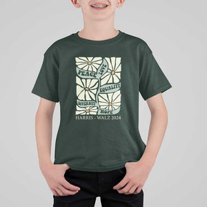 Harris Walz 2024 T Shirt For Kid Peace Love Equality Diversity Hope Hand Drawn Flower TS11 Dark Forest Green Print Your Wear