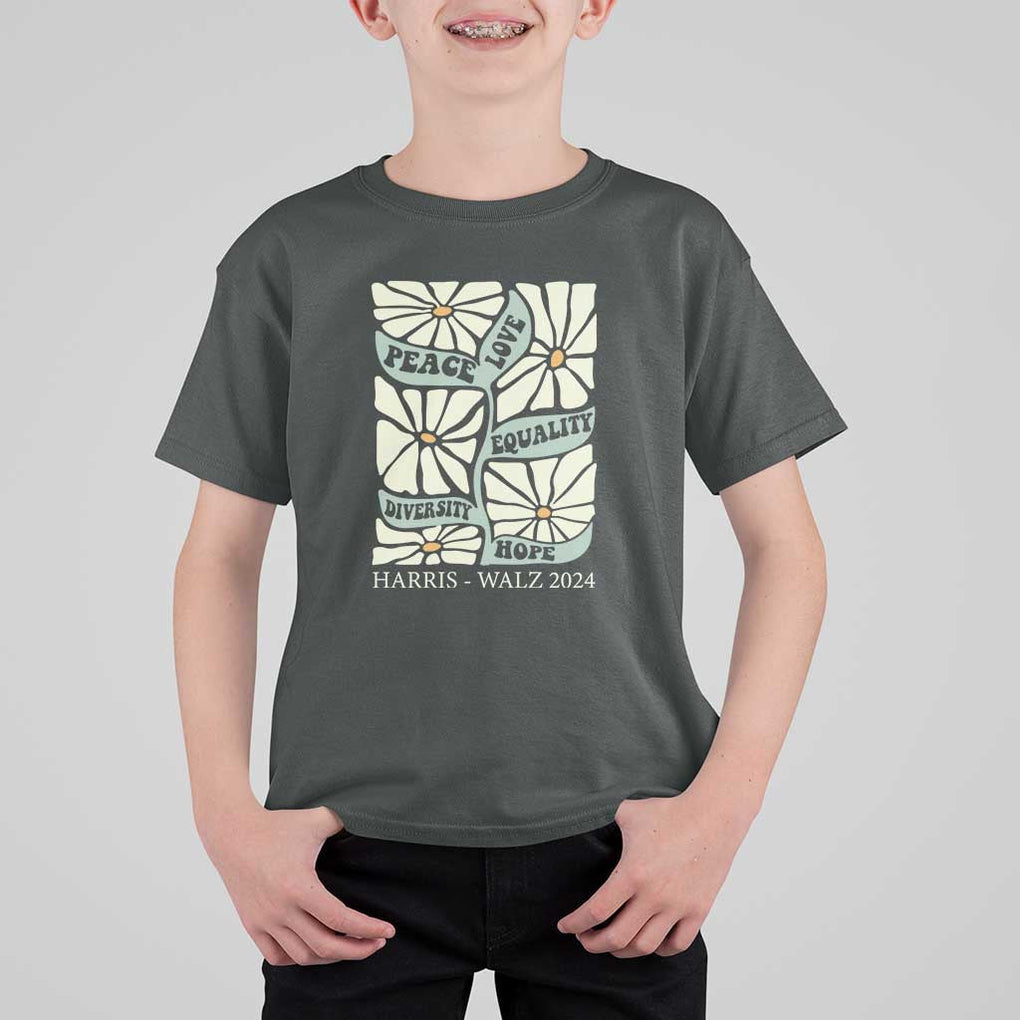 Harris Walz 2024 T Shirt For Kid Peace Love Equality Diversity Hope Hand Drawn Flower TS11 Dark Heather Print Your Wear