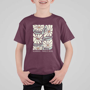 Harris Walz 2024 T Shirt For Kid Peace Love Equality Diversity Hope Hand Drawn Flower TS11 Maroon Print Your Wear