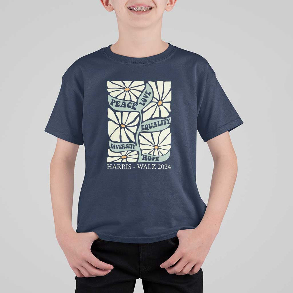 Harris Walz 2024 T Shirt For Kid Peace Love Equality Diversity Hope Hand Drawn Flower TS11 Navy Print Your Wear