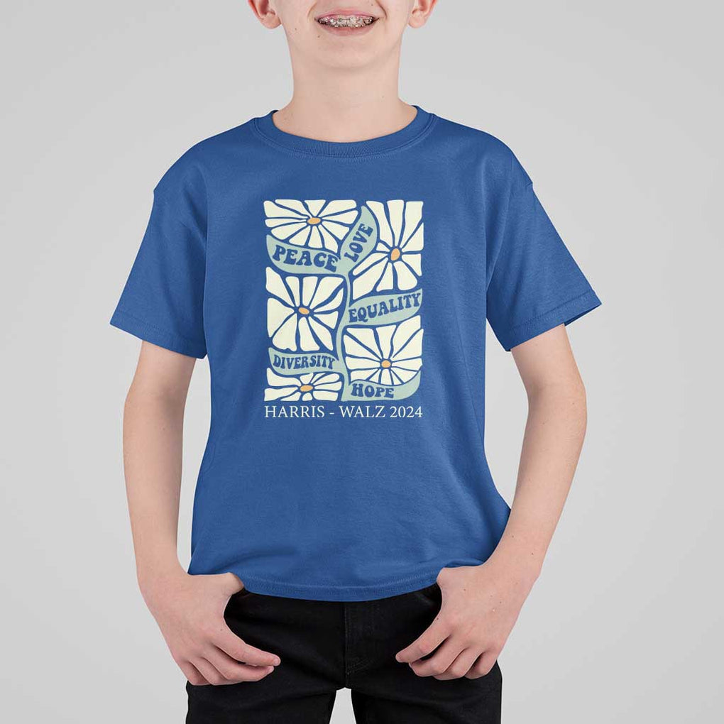 Harris Walz 2024 T Shirt For Kid Peace Love Equality Diversity Hope Hand Drawn Flower TS11 Royal Blue Print Your Wear