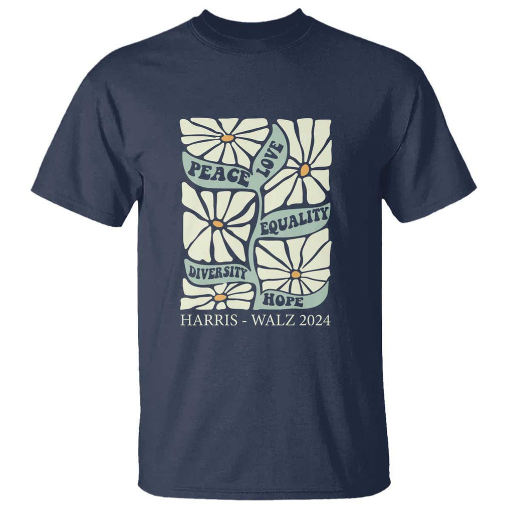Harris Walz 2024 T Shirt Peace Love Equality Diversity Hope Hand Drawn Flower TS11 Navy Print Your Wear