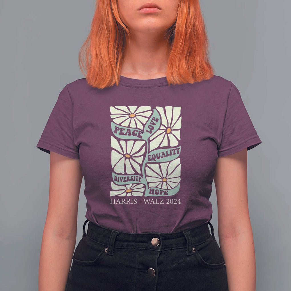 Harris Walz 2024 T Shirt For Women Peace Love Equality Diversity Hope Hand Drawn Flower TS11 Maroon Print Your Wear