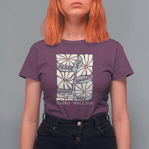 Harris Walz 2024 T Shirt For Women Peace Love Equality Diversity Hope Hand Drawn Flower TS11 Maroon Print Your Wear