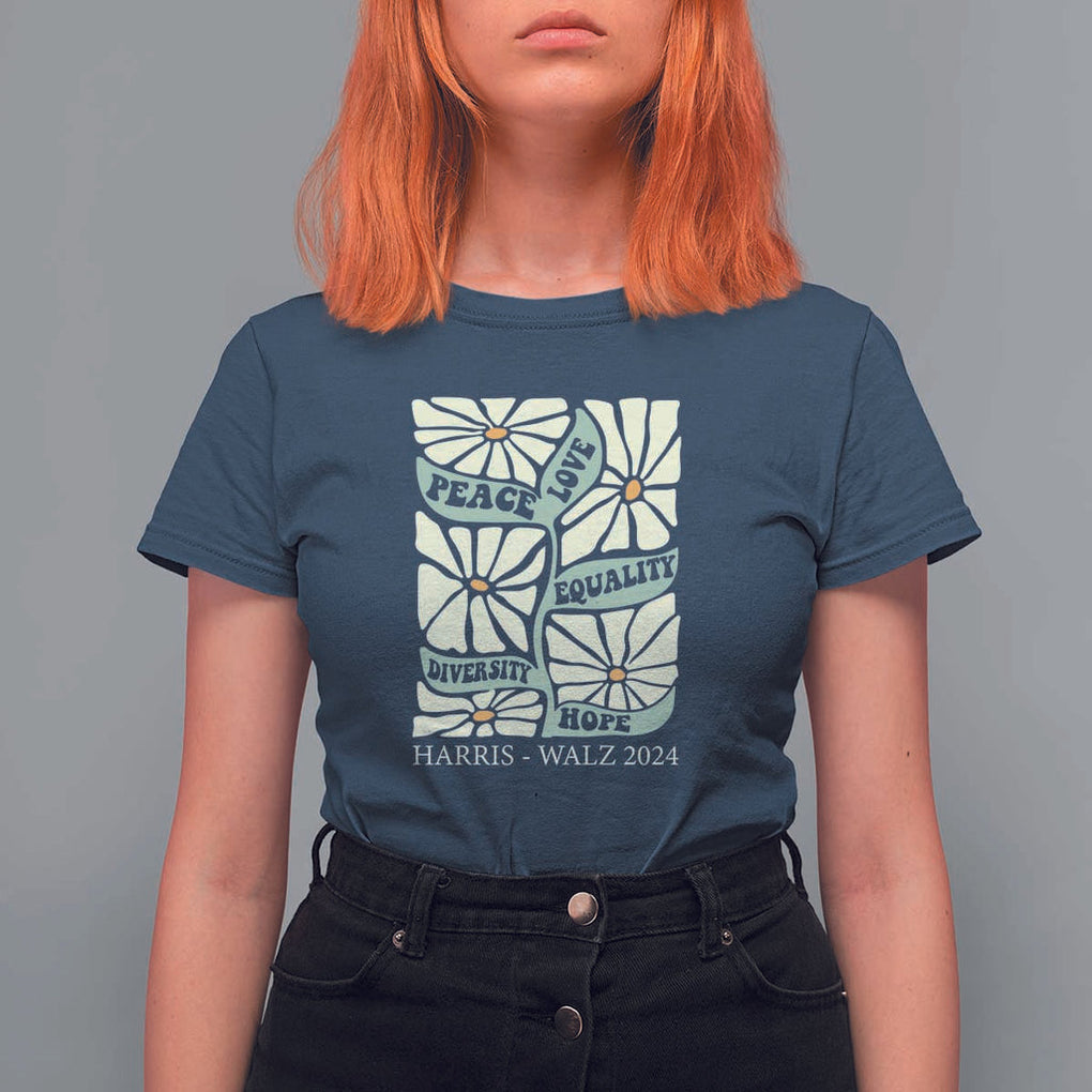 Harris Walz 2024 T Shirt For Women Peace Love Equality Diversity Hope Hand Drawn Flower TS11 Navy Print Your Wear