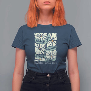 Harris Walz 2024 T Shirt For Women Peace Love Equality Diversity Hope Hand Drawn Flower TS11 Navy Print Your Wear