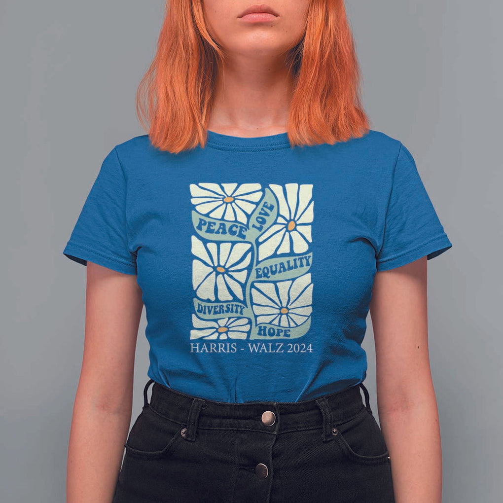 Harris Walz 2024 T Shirt For Women Peace Love Equality Diversity Hope Hand Drawn Flower TS11 Royal Blue Print Your Wear