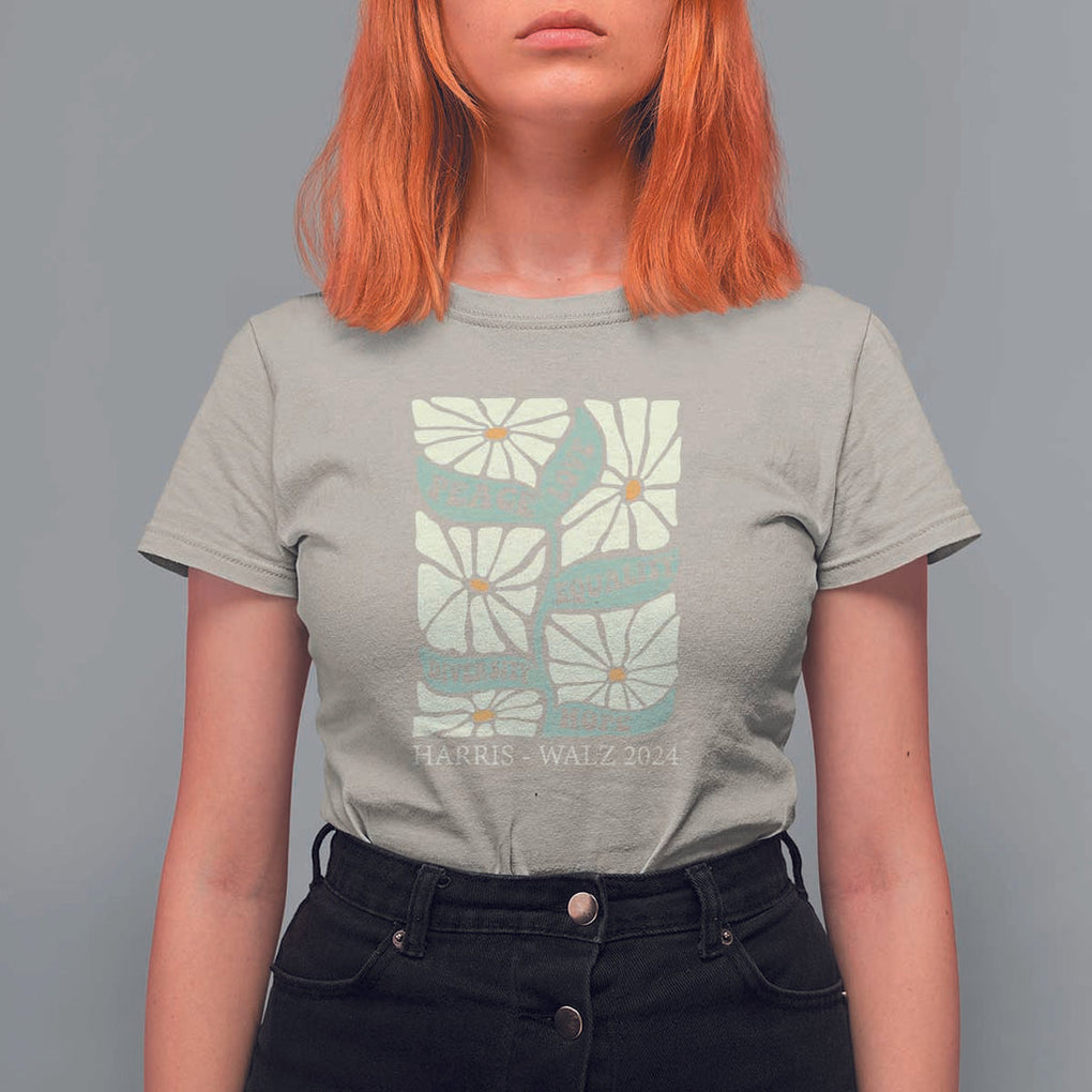 Harris Walz 2024 T Shirt For Women Peace Love Equality Diversity Hope Hand Drawn Flower TS11 Sand Print Your Wear