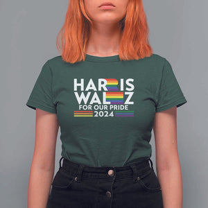 Harris Walz Supporter T Shirt For Women Harris Walz For Our Pride 2024 LGBTQ Rainbow Flag TS11 Dark Forest Green Print Your Wear