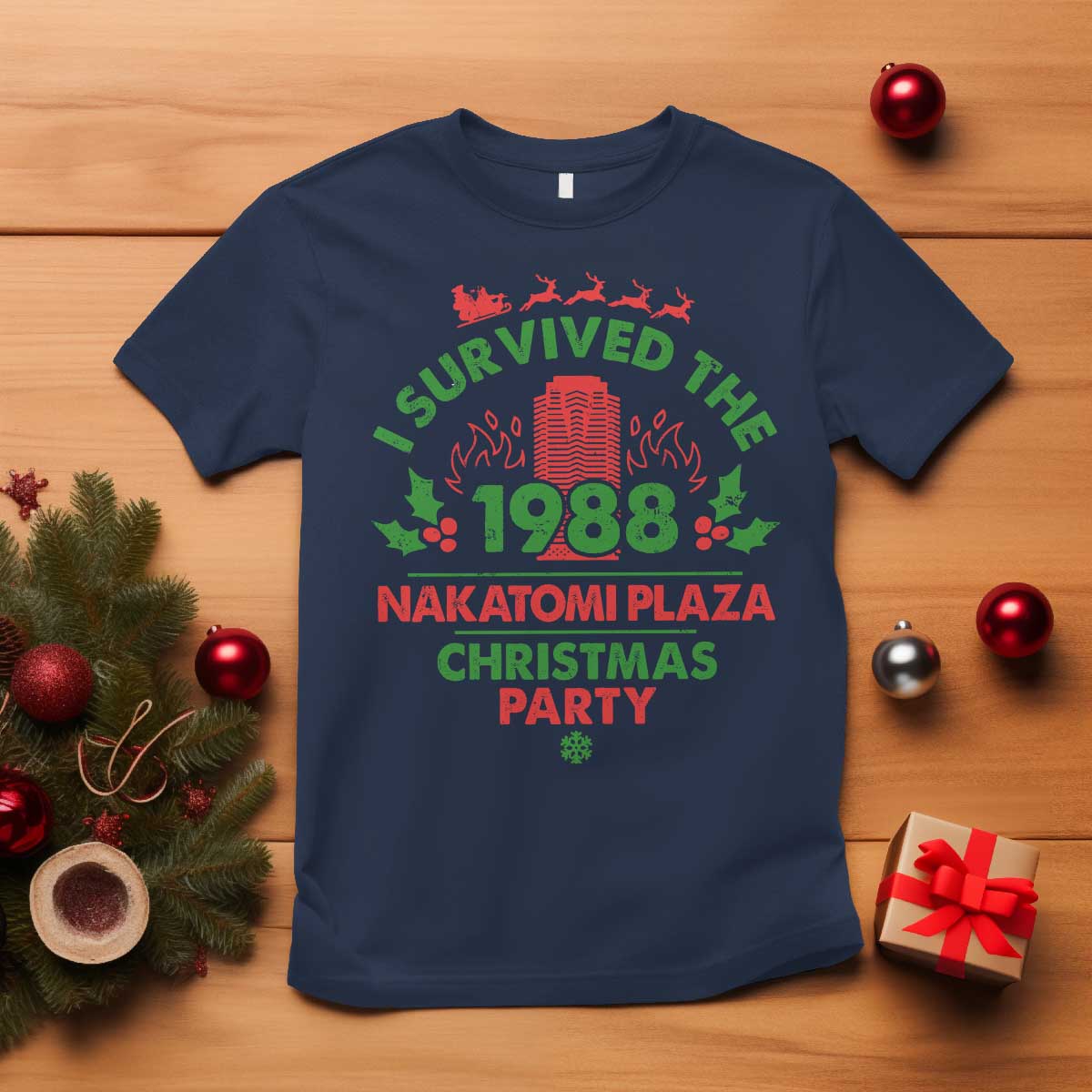 I Survived The 1988 Nakatomi Plaza Christmas Party T Shirt Vintage Mistletoe TS11 Navy Print Your Wear