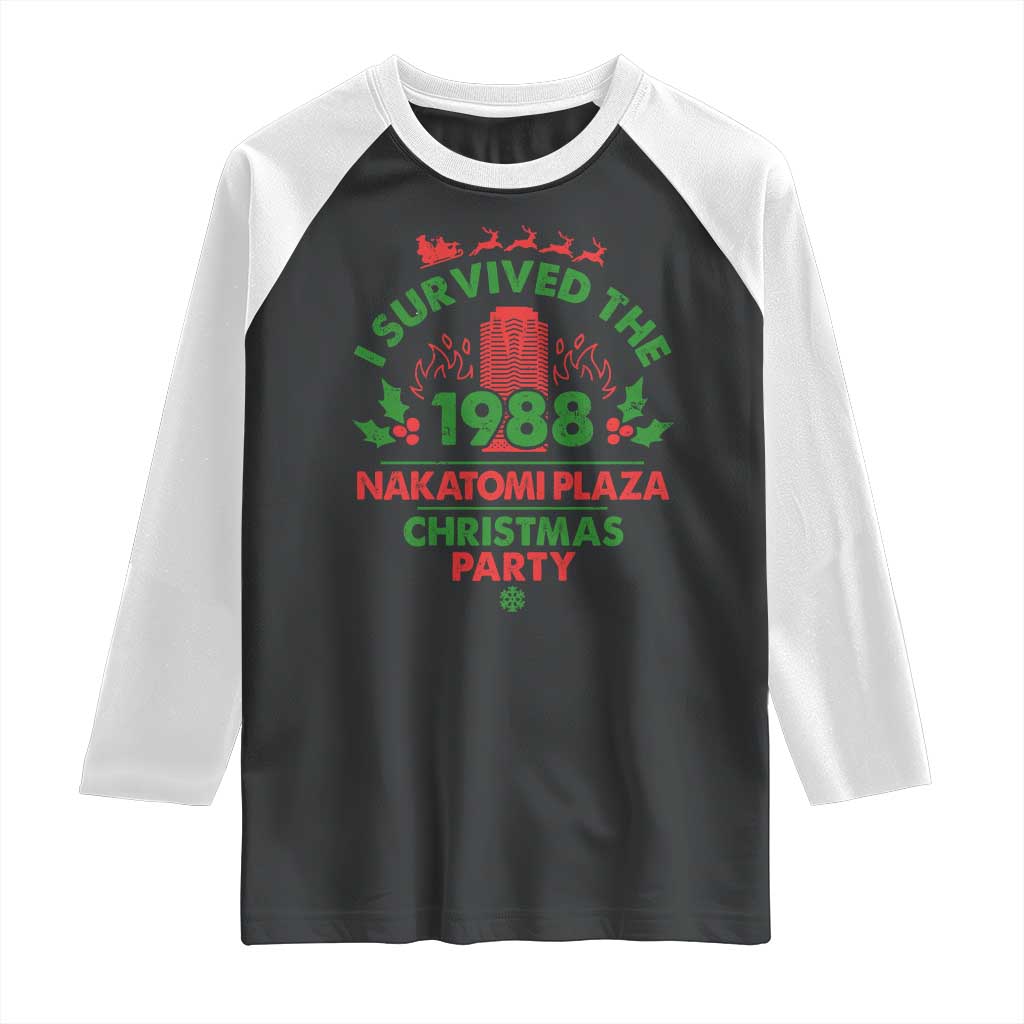I Survived The 1988 Nakatomi Plaza Christmas Party Raglan Shirt Vintage Mistletoe TS11 Black White Print Your Wear