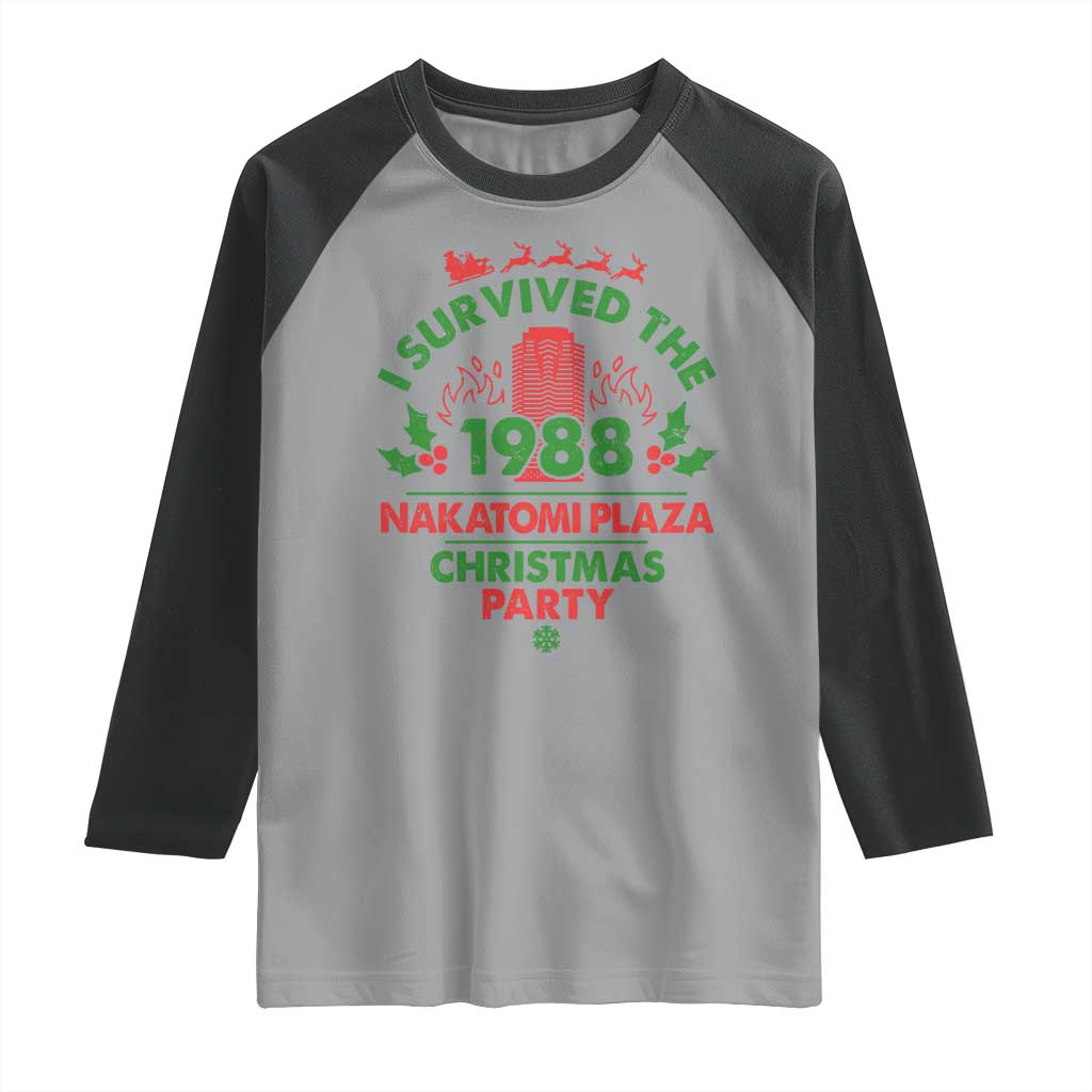 I Survived The 1988 Nakatomi Plaza Christmas Party Raglan Shirt Vintage Mistletoe TS11 Sport Gray Black Print Your Wear