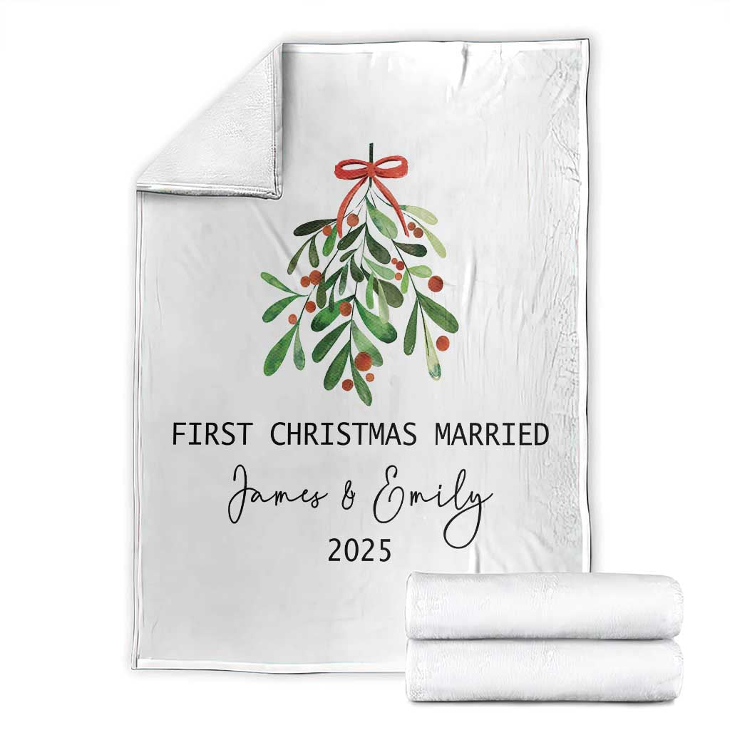Personalized First Christmas Married Throw Blanket Custom Name Couple Xmas Mistletoe TS11 White Print Your Wear