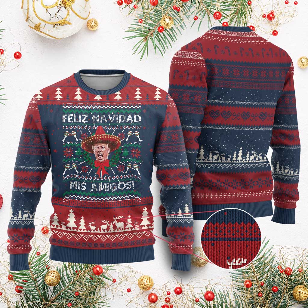Funny Mexico Xmas Trump Ugly Christmas Sweater Feliz Navidad Mis Amigos Sombrero Xmas TS11 Burgundy Print Your Wear