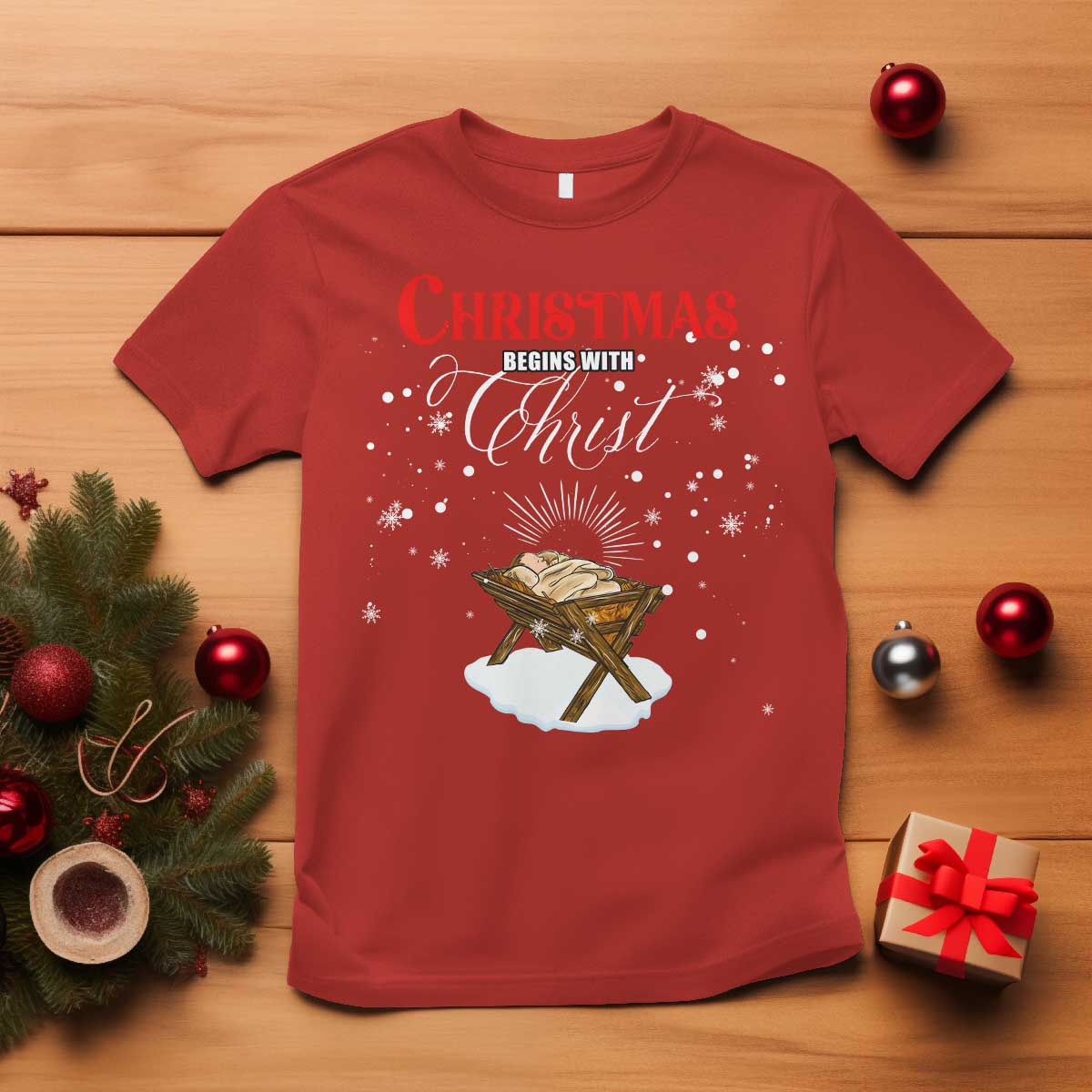 Christmas Begins With Christ T Shirt Christian Christmas Jesus God TS11 Red Print Your Wear