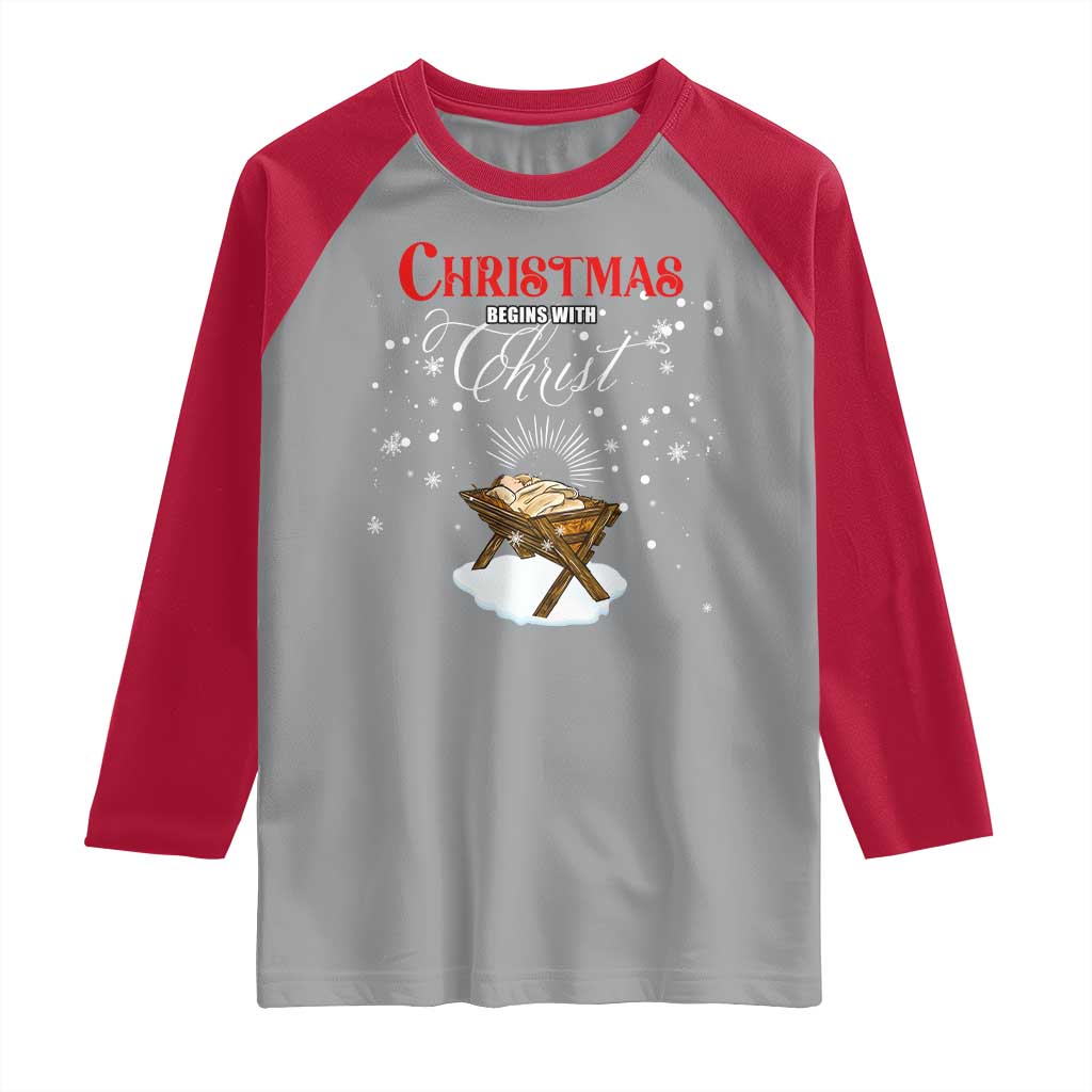 Christmas Begins With Christ Raglan Shirt Christian Christmas Jesus God TS11 Sport Gray Red Print Your Wear