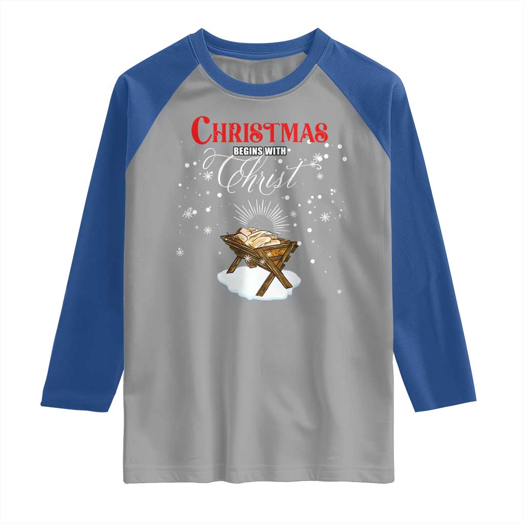 Christmas Begins With Christ Raglan Shirt Christian Christmas Jesus God TS11 Sport Gray Royal Print Your Wear